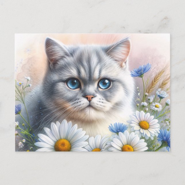 British Shorthair Floral Cat Portrait Postkarte (Vorderseite)