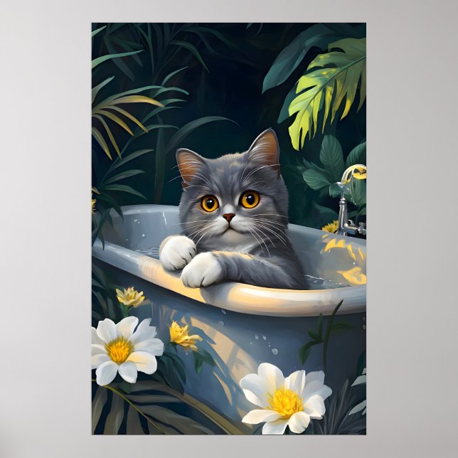 British Shorthair In Bathtub Poster, Funny Cat Poster (Vorne)