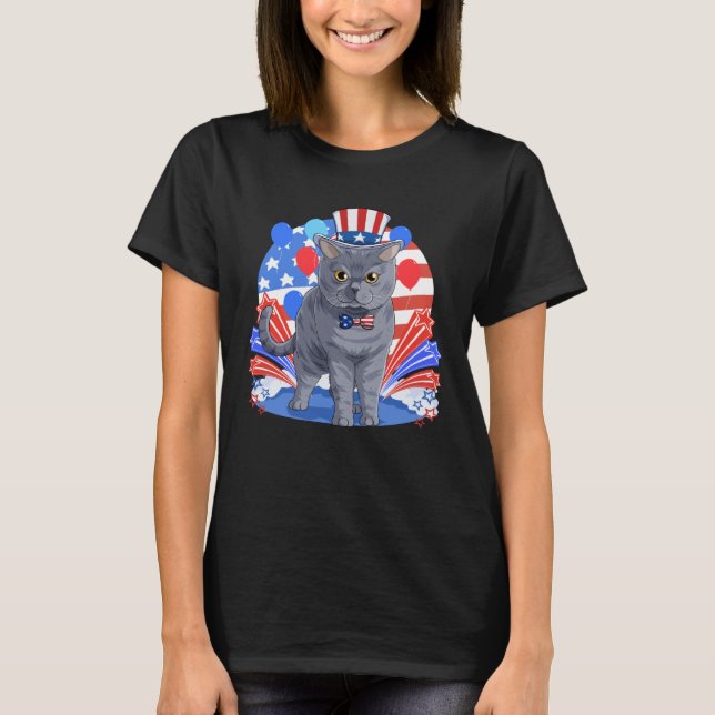 British Shorthair Merica 4th of July American Flag T-Shirt (Vorderseite)