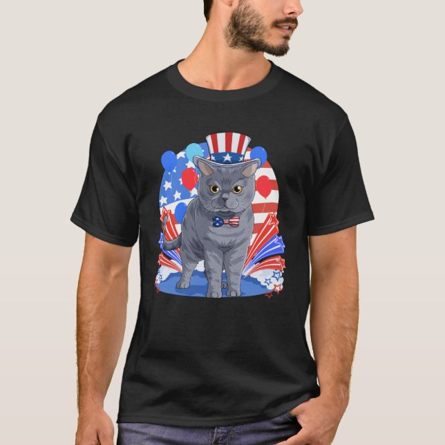 British Shorthair Merica 4th of July American Flag T-Shirt (Vorderseite)