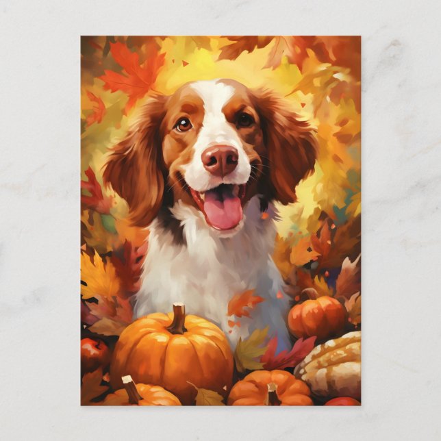Brittany dog Herbst Erntedank Postkarte (Vorderseite)
