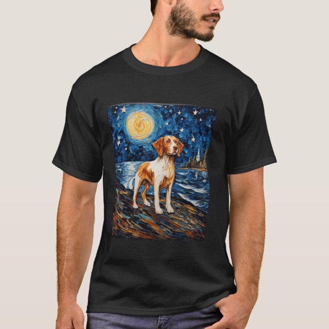 Brittany Dog Lover Starry Night Men Women Artistic T-Shirt (Vorderseite)