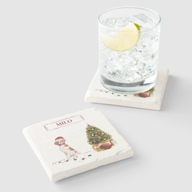 Brittany Funny Christmas Dog and Tree Steinuntersetzer (Seitenansicht)