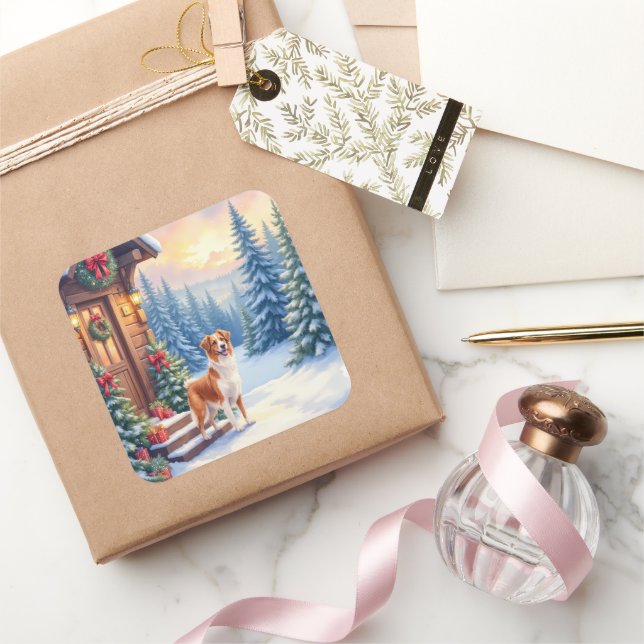 Brittany Rustic Cabin Christmas Winter Art Quadratischer Aufkleber (Schenken)