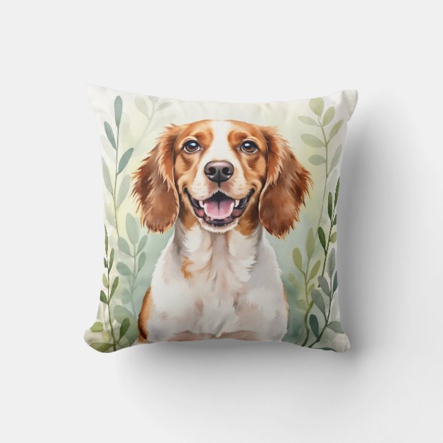 Brittany Spaniel Aquarell-Blattmuster-Kunst Kissen (Vorderseite)