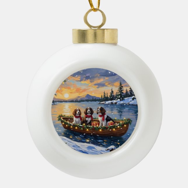 Brittany Spaniel Christmas Boat Holiday Keramik Kugel-Ornament (Vorderseite)