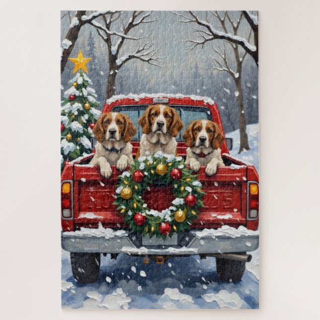 Brittany Spaniel Christmas Red Truck Holiday Puzzle (Vertikal)
