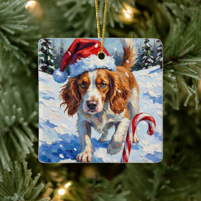 Brittany Spaniel Dog Pointing at Christmas Candy Keramikornament (Baum)