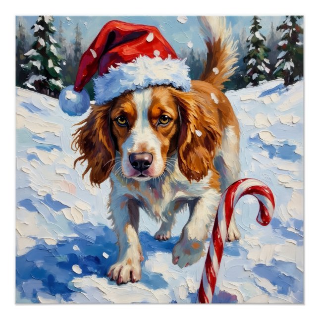 Brittany Spaniel Dog Pointing at Christmas Candy Poster (Vorderseite)