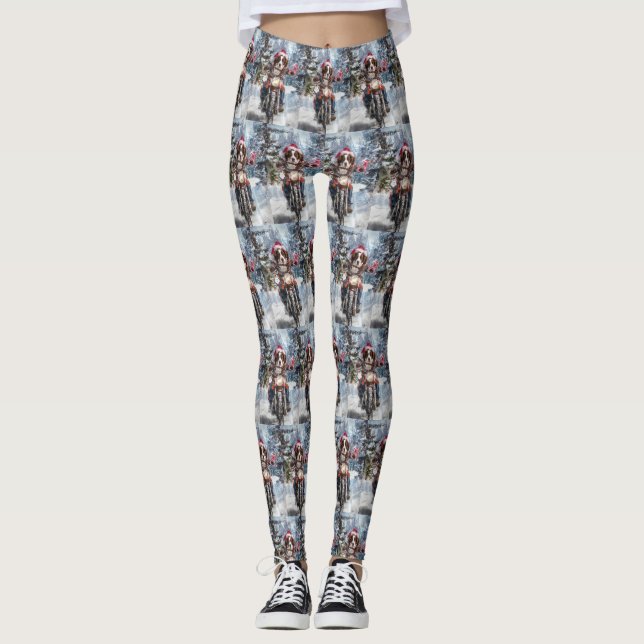 Brittany Spaniel Dog Riding Motorrad Weihnachten Leggings (Vorderseite)