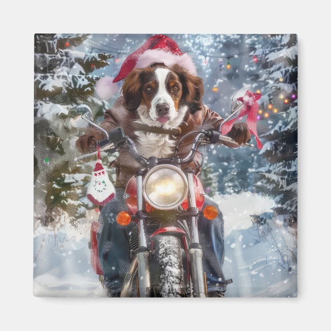 Brittany Spaniel Dog Riding Motorrad Weihnachten Magnet (Vorne)