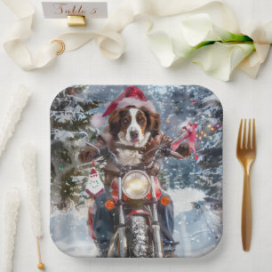 Brittany Spaniel Dog Riding Motorrad Weihnachten Pappteller