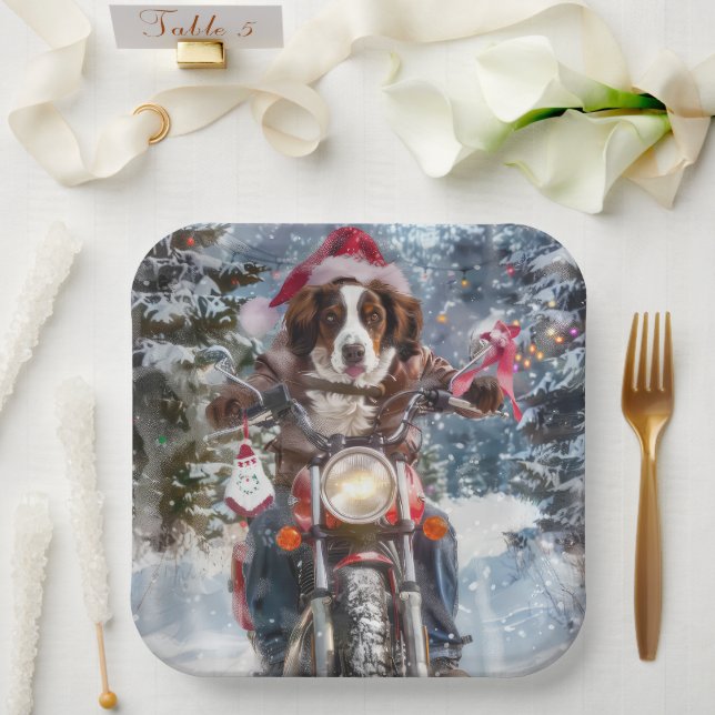 Brittany Spaniel Dog Riding Motorrad Weihnachten Pappteller (Hochzeit)