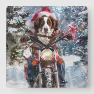 Brittany Spaniel Dog Riding Motorrad Weihnachten Quadratische Wanduhr