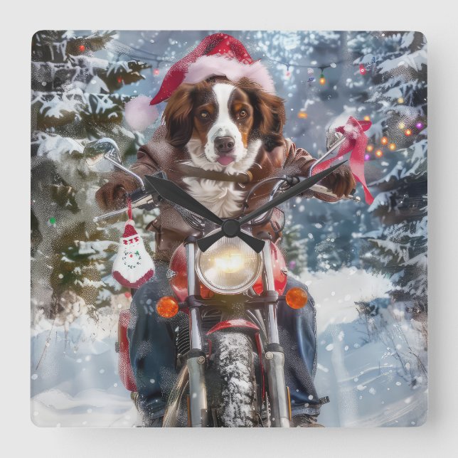 Brittany Spaniel Dog Riding Motorrad Weihnachten Quadratische Wanduhr (Vorderseite)