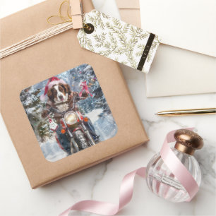 Brittany Spaniel Dog Riding Motorrad Weihnachten Quadratischer Aufkleber