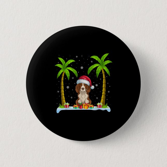 Brittany Spaniel Dog Weihnachtsmannmütze Palm Tree Button (Vorderseite)