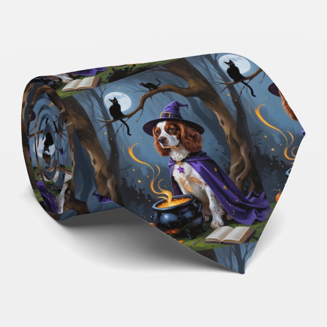 Brittany Spaniel Dog Whimsical Halloween Malerei Krawatte (Gerollt)