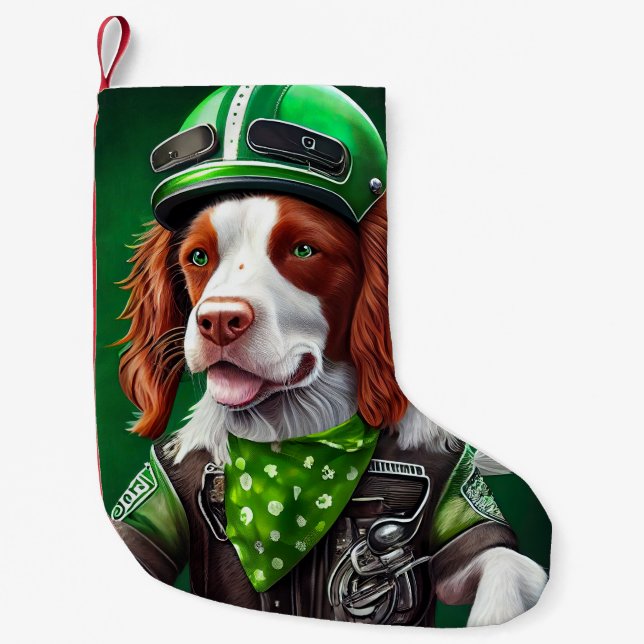 Brittany Spaniel Fahrrad St. Patrick's Day Kleiner Weihnachtsstrumpf (Vorderseite)