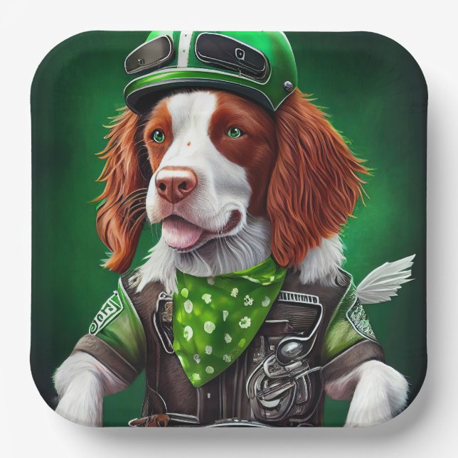 Brittany Spaniel Fahrrad St. Patrick's Day Pappteller (Vorderseite)