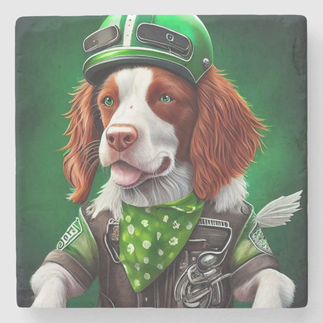 Brittany Spaniel Fahrrad St. Patrick's Day Steinuntersetzer (Vorderseite)