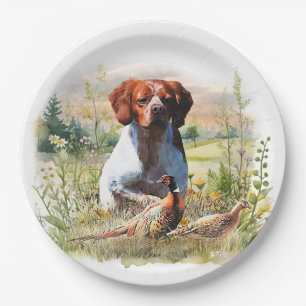 Brittany Spaniel – Feld, Fokus, Fasan, Kunst  Pappteller