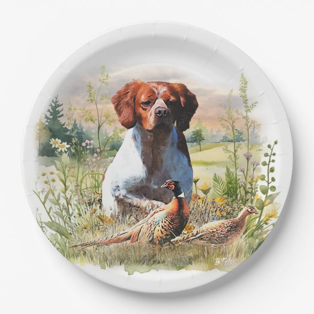 Brittany Spaniel – Feld, Fokus, Fasan, Kunst  Pappteller (Vorderseite)