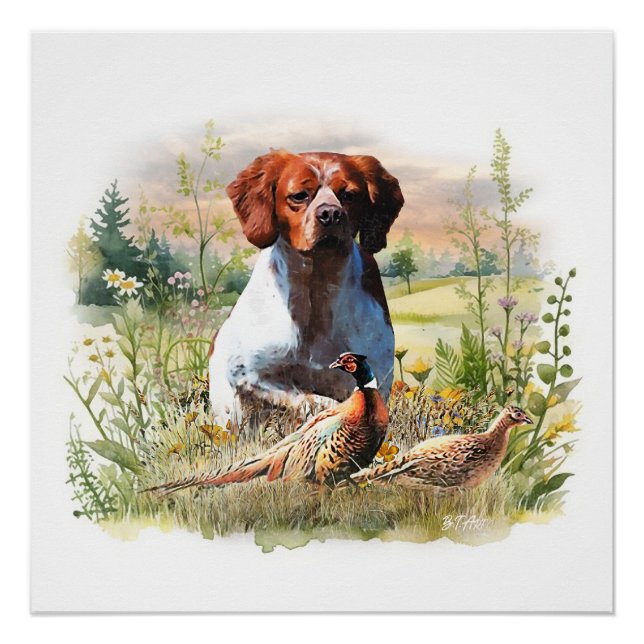 Brittany Spaniel – Feld, Fokus, Fasan, Kunst  Poster (Vorderseite)