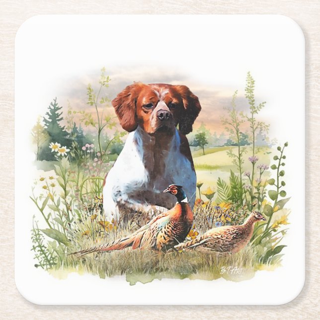 Brittany Spaniel – Feld, Fokus, Fasan, Kunst  Rechteckiger Pappuntersetzer (Vorderseite)