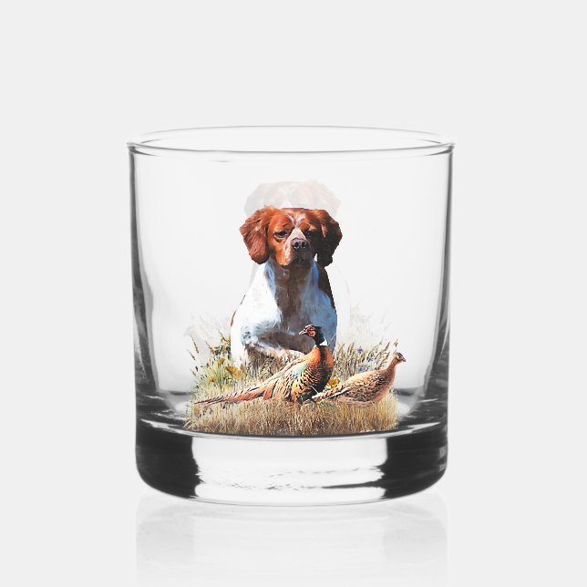 Brittany Spaniel – Feld, Fokus, Fasan, Kunst  Whiskyglas (Vorderseite)