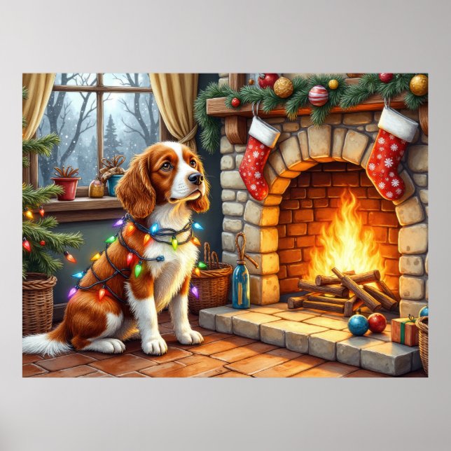 Brittany Spaniel Fireplace with Christmas Lights Poster (Vorne)