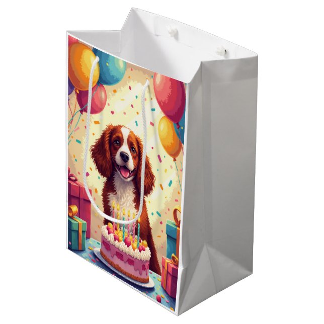 Brittany Spaniel Geburtstagsfeier Mittlere Geschenktüte (Vorderseite Schrägansicht)
