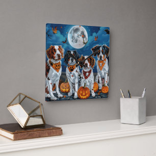 Brittany Spaniel Halloween Spooky Quadratische Wanduhr