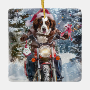 Brittany Spaniel Hund fährt Motorrad Weihnachten Keramikornament