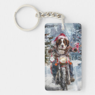 Brittany Spaniel Hund fährt Motorrad Weihnachten Schlüsselanhänger