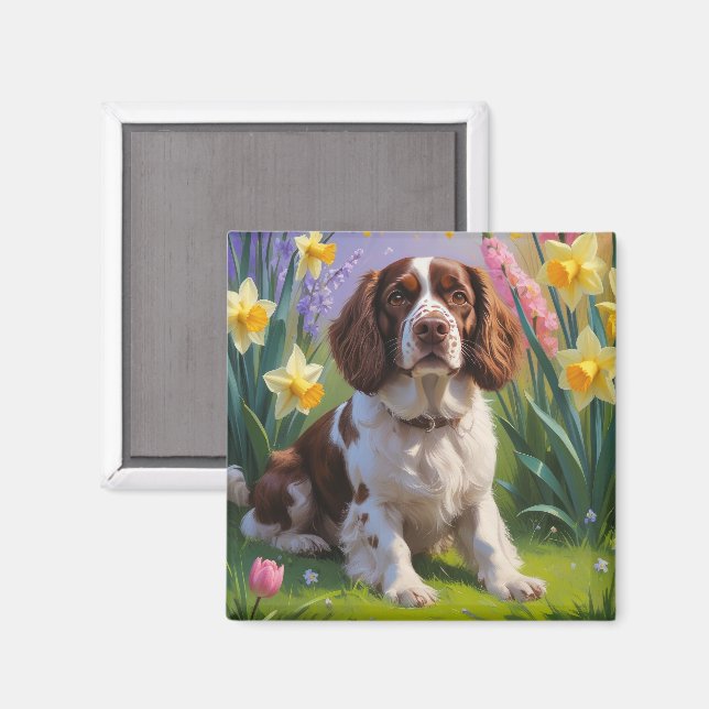 Brittany Spaniel Hund Frühlingsblumen Malerei  Magnet (Vorderseite/Rückseite)