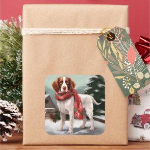 Brittany Spaniel Hund im Schnee Weihnachten Quadratischer Aufkleber