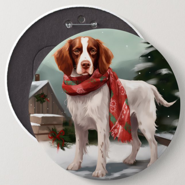 Brittany Spaniel Hund in Schnee Weihnachten Button (Vorne & Hinten)