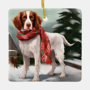 Brittany Spaniel Hund in Schnee Weihnachten Keramikornament