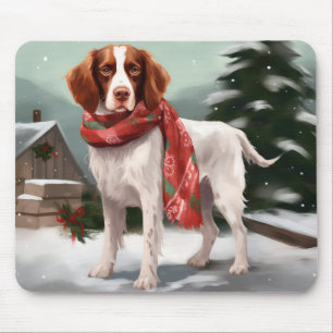 Brittany Spaniel Hund in Schnee Weihnachten Mousepad