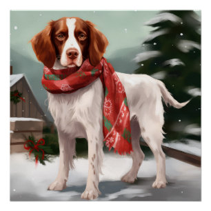 Brittany Spaniel Hund in Schnee Weihnachten Poster