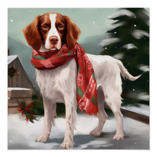 Brittany Spaniel Hund in Schnee Weihnachten Poster (Vorderseite)