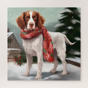 Brittany Spaniel Hund in Schnee Weihnachten Puzzle