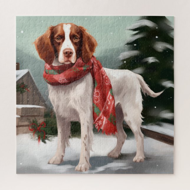 Brittany Spaniel Hund in Schnee Weihnachten Puzzle (Vertikal)