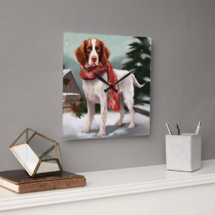 Brittany Spaniel Hund in Schnee Weihnachten Quadratische Wanduhr