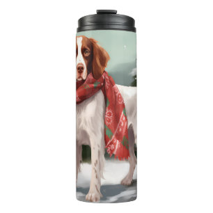 Brittany Spaniel Hund in Schnee Weihnachten Thermosbecher