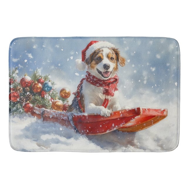 Brittany Spaniel Hund in Sledge Weihnachten Badematte (Vorderseite)