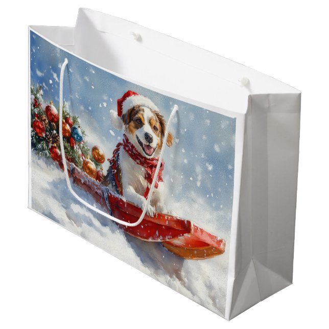 Brittany Spaniel Hund in Sledge Weihnachten Große Geschenktüte (Vorderseite Schrägansicht)