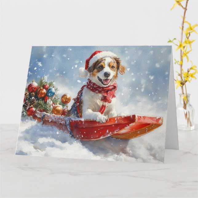 Brittany Spaniel Hund in Sledge Weihnachten Karte (Gelbe Blume)