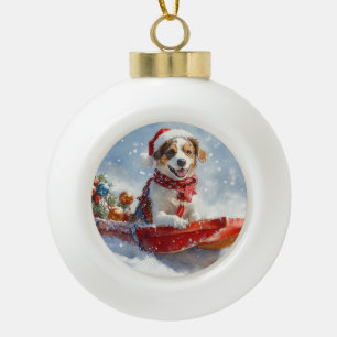 Brittany Spaniel Hund in Sledge Weihnachten Keramik Kugel-Ornament